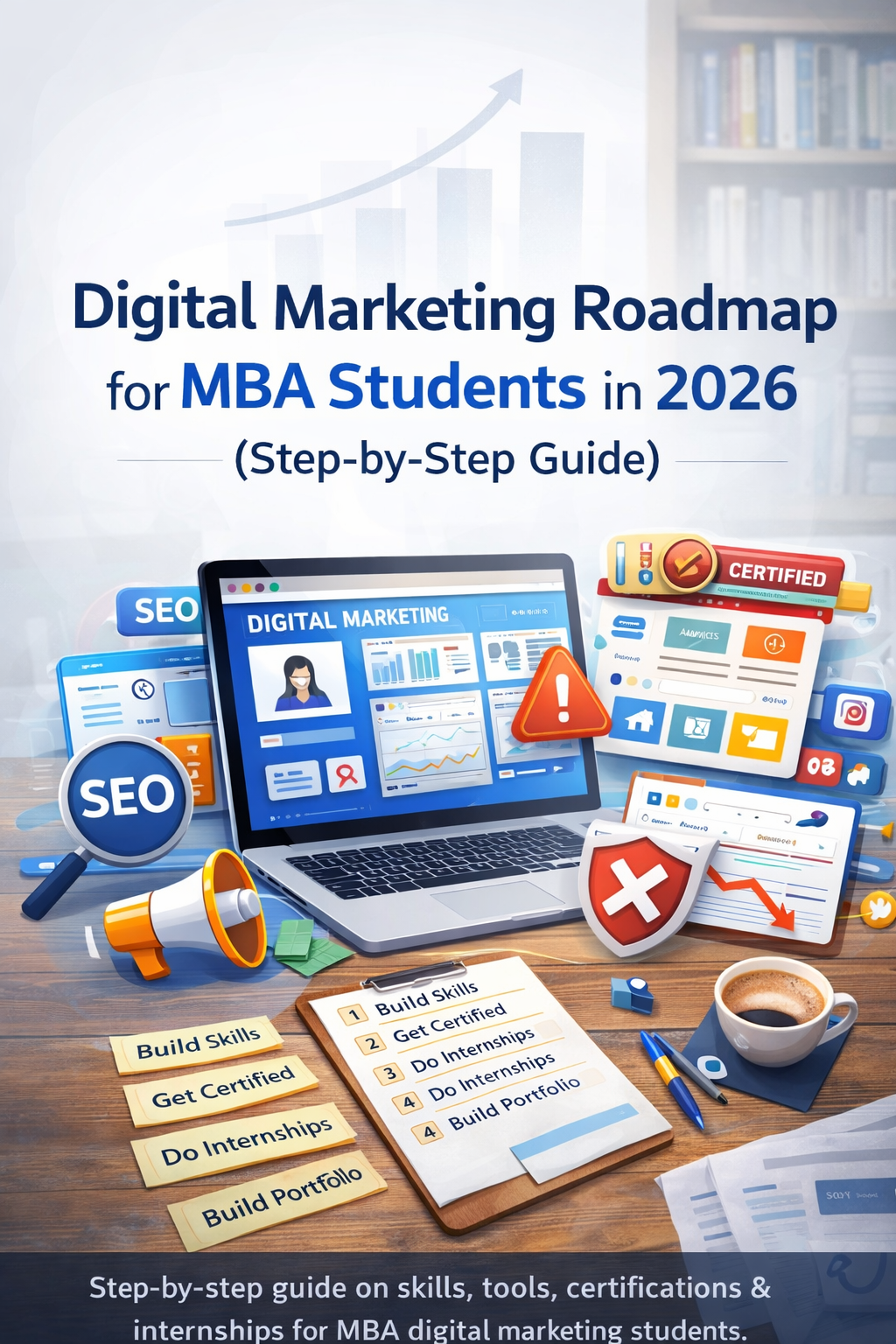 Digital marketing roadmap for MBA students in 2026 showing SEO, analytics, certifications, internships and portfolio building steps.