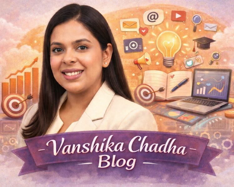 Vanshika Chadha digital marketing blog banner with SEO, analytics, and strategy elements